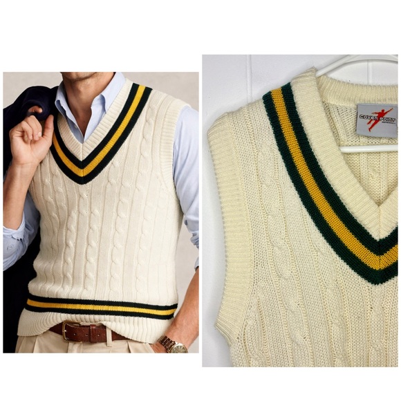 Vintage Other - Gray Nicolls Vintage 80's Cricket Cream Green V-Neck Knit Sleeveless Jumper Vest